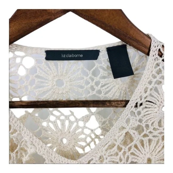 Liz CLAIBORNE Vintage Silk Off White Open Crochet Knit Cardigan Sweater Large - Picture 5 of 8